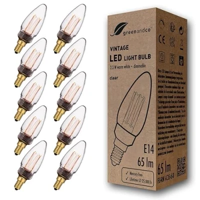 Image of greenandco 10x Dimmable Vintage Design LED Bulb for Mood Lighting E14 C35 Clear 2.3W 65lm 1800K Extra Warm White 320 230V Flicker Free Edison