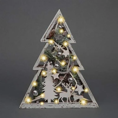 Image of SHATCHI Christmas Pre Lit Warm White LED Frame Tabletop Centrepiece Decoration with Pinecones and Baubles Holiday Home Décor Star/Rectangle, Wood, Wooden Tree, 43 X 35 CM