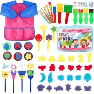 Image of YZNlife Kids Paint Brushes Sponge Kits,52 pcs Painting Tool Kit for Early DIY Learning Include Foam Brushes, Pattern Set, Waterproof Apron
