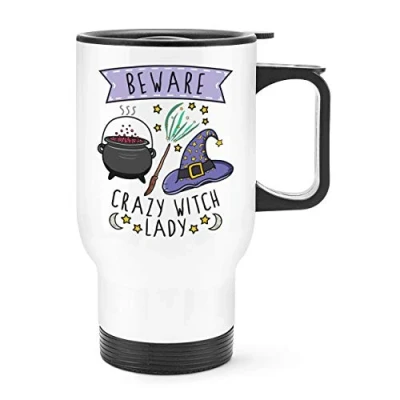 Image of Beware Crazy Witch Lady Travel Mug Cup with Handle