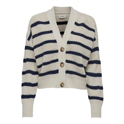 Image of ONLY Women&#039;s ONLCAROLNICE Stripe Cardigan KNT NOOS Sweater, Pumice Stone/Stripes:Navy Blazer, M