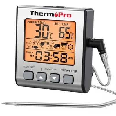 Image of ThermoPro TP16S Digital Meat Thermometer Accurate Candy Smoker Cooking Food BBQ for Grilling with Smart Timer Mode and Backlight