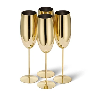 Image of Oak &amp; Steel 4 Stainless Champagne Flutes Camping Wine Glasses Picnic Solid Unbreakable Outdoor Parties, Picnic, Beach Pool Gold, 285 ml