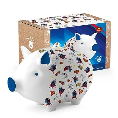 Image of Tilly Pig Ceramic Kids Piggy Bank Boys Girls Superhero Superman Design Money Box