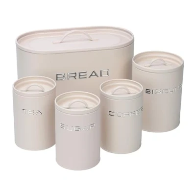 Image of simpa 5PC Stylish Matte Cream Metal Kitchen Storage Set Including Oval Bread Bin and Round Biscuit Tin, Tea, Coffee Sugar Canisters.