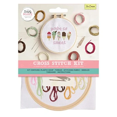 Image of Simply Make Cross Stitch Kit Ice Cream Design for Kids and Adults, Including Hoop, Embroidery Thread, Fabric Needle Perfect Adult Crafts Beginners Starter Craft