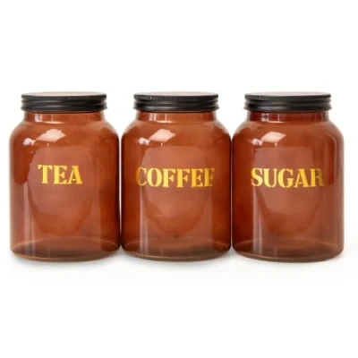 Image of FABFINDS Tea Coffee Sugar Canister Set Airtight Glass Storage Jars 3 Piece