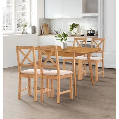 Image of Hallowood Furniture Aston Extending Table and Chairs Set 4, Butterfly in Beige Fabric Padded Seat, Wooden Kitchen Chairs, Dining Room for Home Cafe