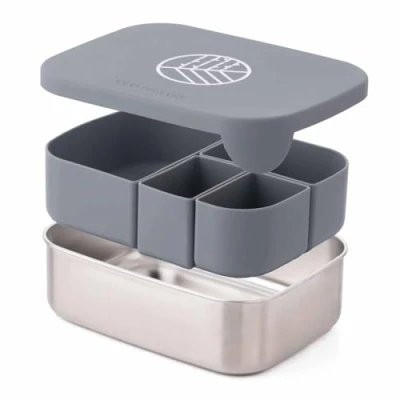 Image of eco rascals Stainless Steel Bento Lunch Box 1600ml Leakproof for Work and School, Cute With Divided Sections, 4 Removable Compartment Food Container, BPA Free (Silver)