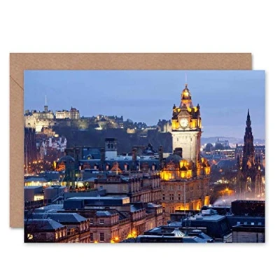 Image of Wee Blue Coo Edinburgh Castle Night City View Birthday Art Sealed Greeting Card Plus Envelope Blank inside