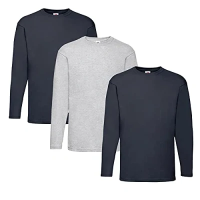 Image of Fruit of the Loom Men&#039;s Long Sleeved Valueweight Tee Sports Top, 2 Deep Navy + 1 Grey Hlkauf Notepad, XL