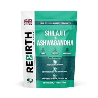 Image of Shilajit Capsules 60 Vegan 1300mg per Serving with Ashwagandha Root Extract, 60% Fulvic Acid, Pure High Strength Supplement for Stamina and Stress