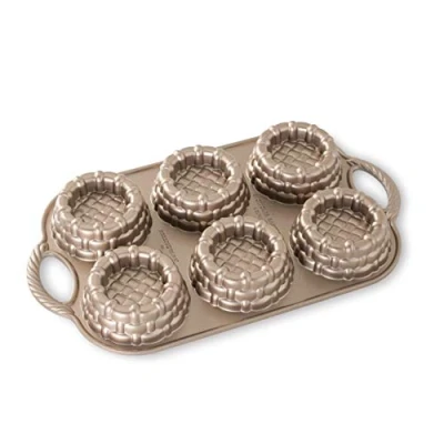 Image of Nordic Ware Shortcake Baskets Cakelet Pan, Mini Basket Cake Mould Tray, Cast Aluminium Tin, Muffin Tray for Spring, Made in The USA Colour: Toffee, 3 Cup Capacity