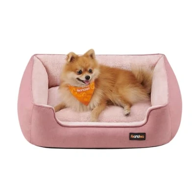 Image of Feandrea Dog Bed, Linen Look Pet Sofa Bed with Raised Edges, Non Slip Bottom, Removable Washable Cover, M, for Small Dogs, 70 x 55 21 cm, Jelly Pink PGW010R01