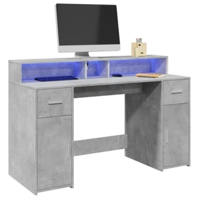 Image of vidaXL Desk with LED Lights Engineered Wood, Concrete Grey, Gaming/Study 140 x 55 91 cm, Ample Storage