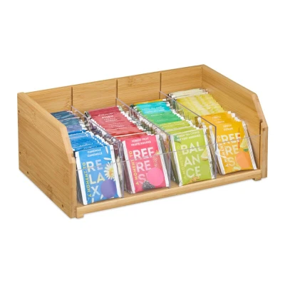 Image of Relaxdays Bamboo Tea Organiser, 4 Compartments, HWD: 12 x 31 19 cm, Storage Box for Teabags &amp; Coffee Pods, Natural, Plastic