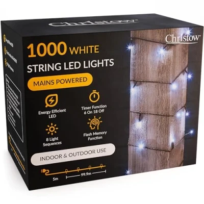 Image of CHRISTOW Christmas Fairy Lights, White LED String Lighting with Timer, Indoor &amp; Outdoor, Mains Operated 5m Cable, 8 Light Modes Flashing Static, Green Cable (1000 / 100m Lit Length)