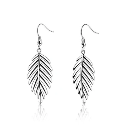 Image of Belons Elegant Classic 925 Sterling Silver Women&#039;s Girls Leaves Feather Hook Drop Dangle Earrings