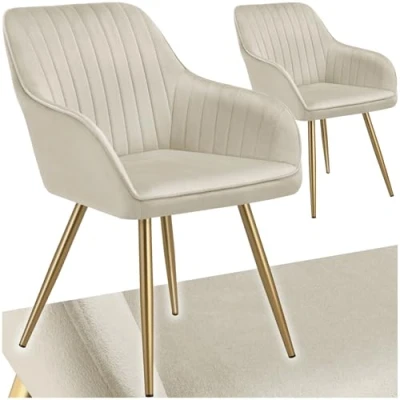 Image of TecTake® Set of 2 Dining Chairs with Quilted, Velvet Look Covers, Softly Padded Armchair Continuous Backrests &amp; Golden Steel Legs, Ideal Kitchen, Living Room Desk Cream/Gold