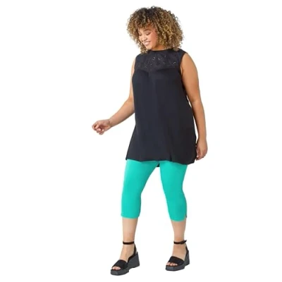 Image of Roman Curve Womens Sleeveless Longline Broderie Top Black Denim Size UK 30 32