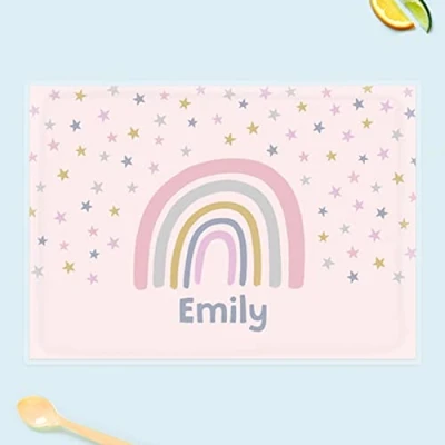 Image of dotty about paper Personalised kids Placemat Boho Rainbow. Dinner Table Mat, Children, Wipeable placemat, Cute, Bright, Colourful, Dinnertime, Fun Design, Durable.