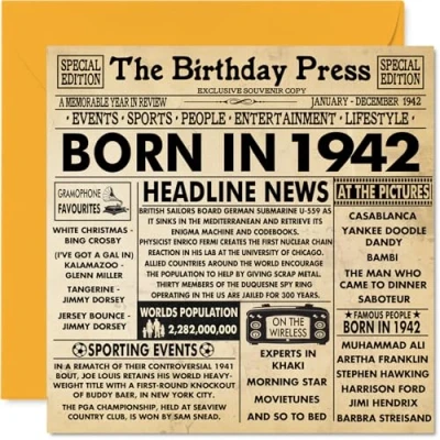 Image of 82nd Birthday Cards for Men Women Born In 1942 Newspaper Happy 82 Card Grandad Grandma Nan Vintage Retro Back 1942, 145mm x Eighty Two Second Bday Greeting