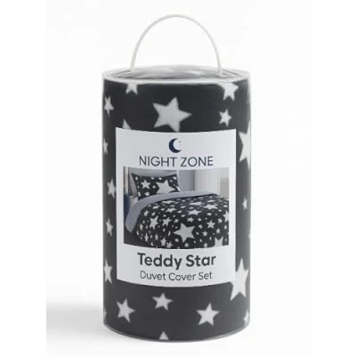 Image of NIGHTZONE Teddy Star Fleece Duvet Cover Set Soft Cosy Warm Kids Bear Bedding (Charcoal &amp; Silver, Single)
