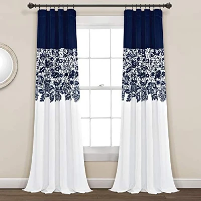 Image of Lush Decor Navy Estate Garden Print Curtains Room Darkening Window Panel Set for Living, Dining, Bedroom (Pair), 84 long x 52 wide, 84&quot; 52&quot;