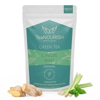 Image of TeaNOURISH Ginger Mint Green Tea Relaxing &amp; Calming Premium Darjeeling Loose Leaf Immune Support for Daily Wellness 50 Cups Hot or Iced 3.53oz/100g