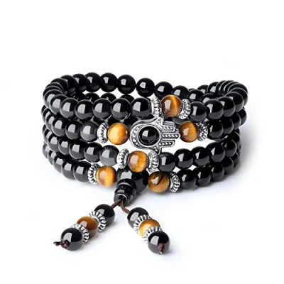 Image of COAI 108 Mala Beads Black Obsidian Tiger Eye Stone Hamsa Hand Bracelet Necklace