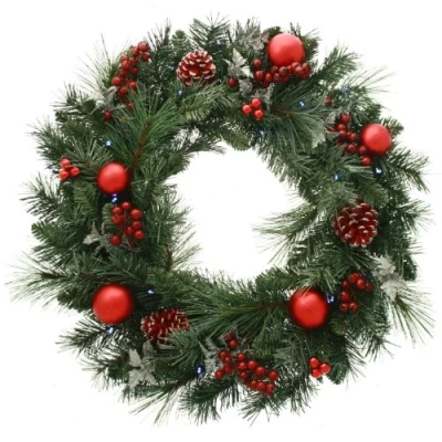 Image of WeRChristmas Pre Lit Decorated Wreath, 20 Ice White LED Lights, 60 cm, Red