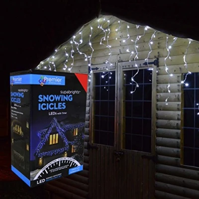 Image of 17.8m (720 LED) Premier Outdoor LED Icicle Christmas Timer Lights Cool White