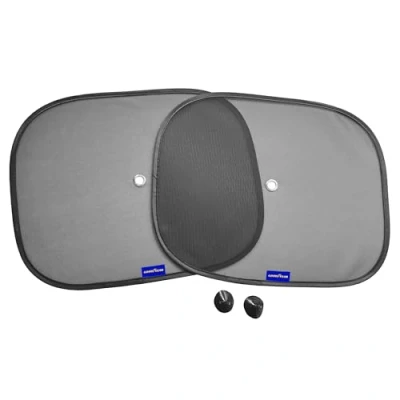 Image of Goodyear 2pc Folding Sun Shade Universal fit for most cars, vans &amp; SUVs Easy to install remove See through mesh Reduces glare Attached easily with suction cup Blocks Sunlight Heat