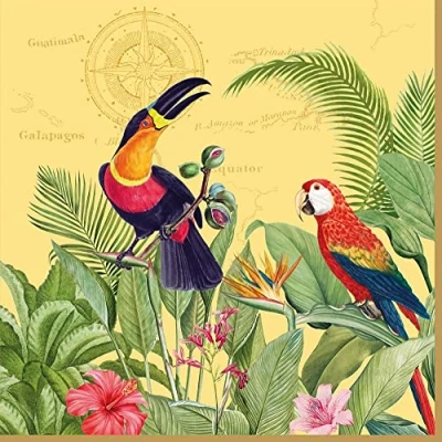 Image of 20 napkins, colourful birds in exotic jungle, table decoration, decoupage, napkin technology, 33 x cm