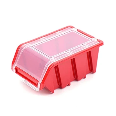 Image of Set of 10 Stacking Boxes with Transparent Lid for Small Parts Plastic Red 195 mm x 120 90