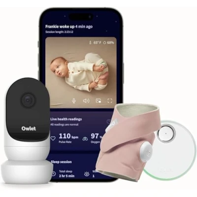 Image of Owlet® Dream Bundle 2 Smart Baby Monitor: Sock® and Owlet Cam Tracks &amp; Notifies for Pulse Rate Oxygen while viewing in 1080p HD WiFi Video Dusty Rose