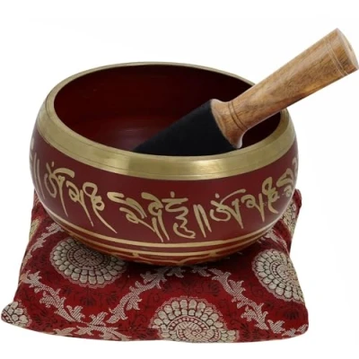 Image of Ajuny Tibetan Singing Bowl Set Handcrafted Meditation Brass Sound with Stick and Cushion for Yoga, Chakra Healing, Mindfulness Stress Relief Spiritual Gifts Maroon