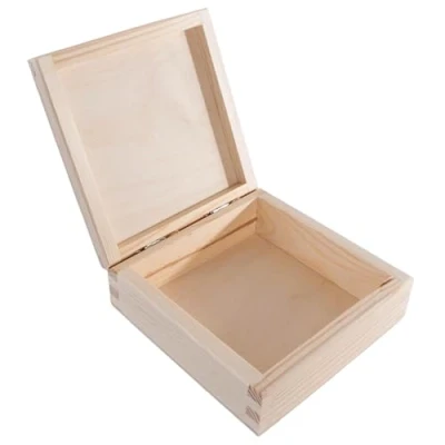 Image of Small Square Wooden Box with Hinged Lid 14 x 5 cm Trinket Memory Keepsake Storage Unpainted &amp; Untreated Plain Decorative Pine for Craft Decoupage