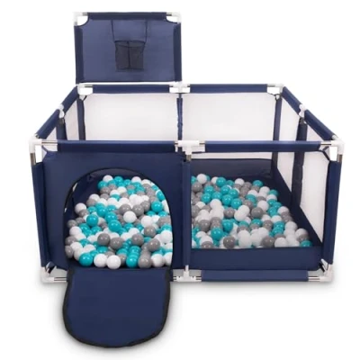 Image of Selonis Square Play Pen Filed with 200 Balls Basketball, Blue:Grey/White/Turquoise