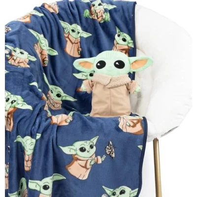 Image of Jay Franco Star Wars The Mandalorian Grogu Plush Mini Pillow Buddy &amp; 130 x 150cm Fluffy Throw Blanket Set Kids Super Soft 2 Piece Baby Yoda Cuddle