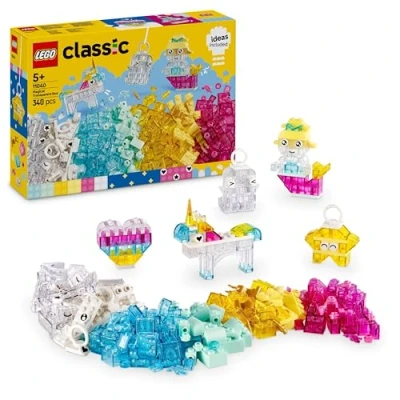Image of LEGO Classic Magical Transparent Box Colorful Building Bricks &amp; Keyring Clips Set Create Tiny Toy Unicorns, Dragons, Penguins More Figures Kids&#039; Arts Crafts Kit for 5+ Year Old Girls 11040