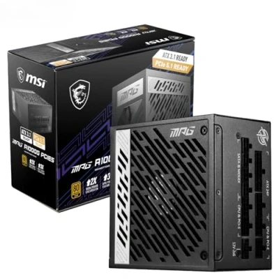 Image of MSI MPG A1000G PCIE5 Power Supply Unit, UK Plug 1000W, 80 Plus Gold Certified, Fully Modular ATX 3.0, PCIe 5.0 GPU Support, Japanese 105C Capacitors, 0% RPM Mode, Flat Cables 10 Year Warranty