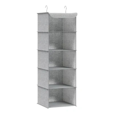 Image of SONGMICS Hanging Wardrobe Storage Organiser, Shelves, Foldable Clothes Space Saving, Metal Hooks, Bamboo Inserts, Linen Pattern, Light Grey RCH005W01