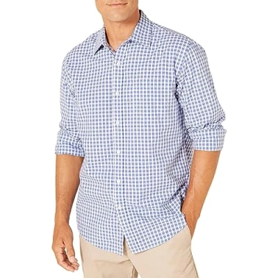 Image of Amazon Essentials Men&#039;s Regular Fit Long Sleeve Casual Poplin Shirt, Blue White Checked, M