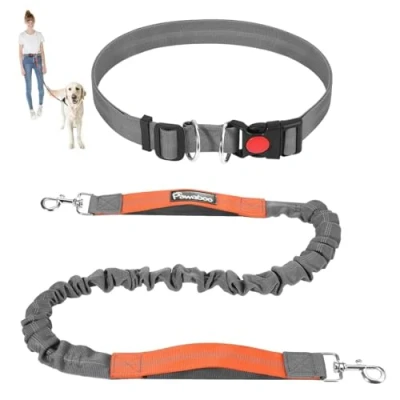 Image of Pawaboo Hands Free Dog Leash with Waist Belt, Elastic Wider Reflective Running Belt Absorbing Shock, Durable Padded Handle Bungee for Dogs (25 150 lbs, Grey)