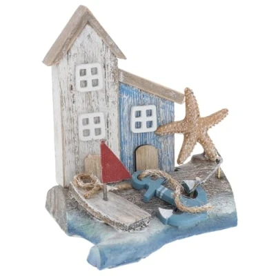 Image of Shudehill Giftware Sandy Bay Standing Beach House Ornament Decoration Rustic Themed Design with Lighthouse, Anchor, Log and More (Two Houses Medium)