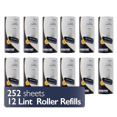 Image of Korbond 12 Pack of Lint Roller Refills 252 Pre Cut Sticky Sheets for ALL Fabric Types Rollers, Pet Hair Remover, Refills, Dog and Cat Removers Clothes