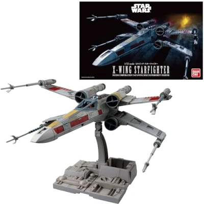 Image of Revell (Bandai original) 01200 Star Wars X Wing Starfighter (Luke Skywalker) 1:72 Scale Unbuilt/Pre coloured/Clip Together (Non Glue) Plastic Model Kit with Display Base, Grey/Red