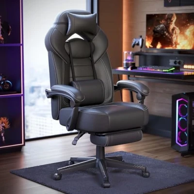 Image of SONGMICS Gaming Chair, Office Racing Chair with Footrest, Desk Ergonomic Design, Adjustable Headrest, Lumbar Support, 150 kg Load Capacity, Black OBG077B11