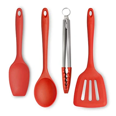 Image of Zeal JSET40R Non Stick Silicone Tongs, Turner, Spatula Cooks Spoon 4 Piece Set Red